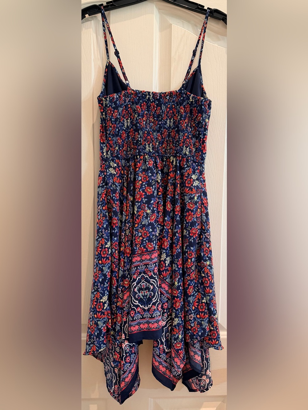 Xhilaration Navy Floral Boho Mini Dress Tassel Tie Smocked Pockets XS - Picture 13 of 16